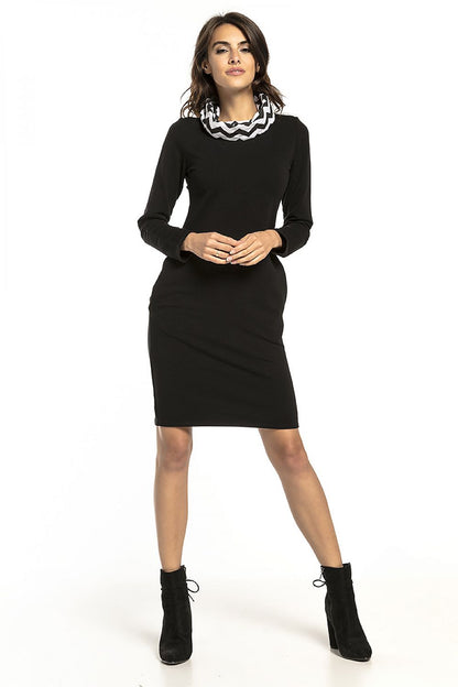 Elegant fitted knit sweatshirt dress by Tessita, featuring a unique patterned collar and long sleeves, ideal for a chic everyday look.
