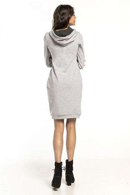 Refined grey fitted daydress by Tessita featuring a hood and long sleeves, epitomising casual chic with its soft sweatshirt knit fabric for everyday elegance.