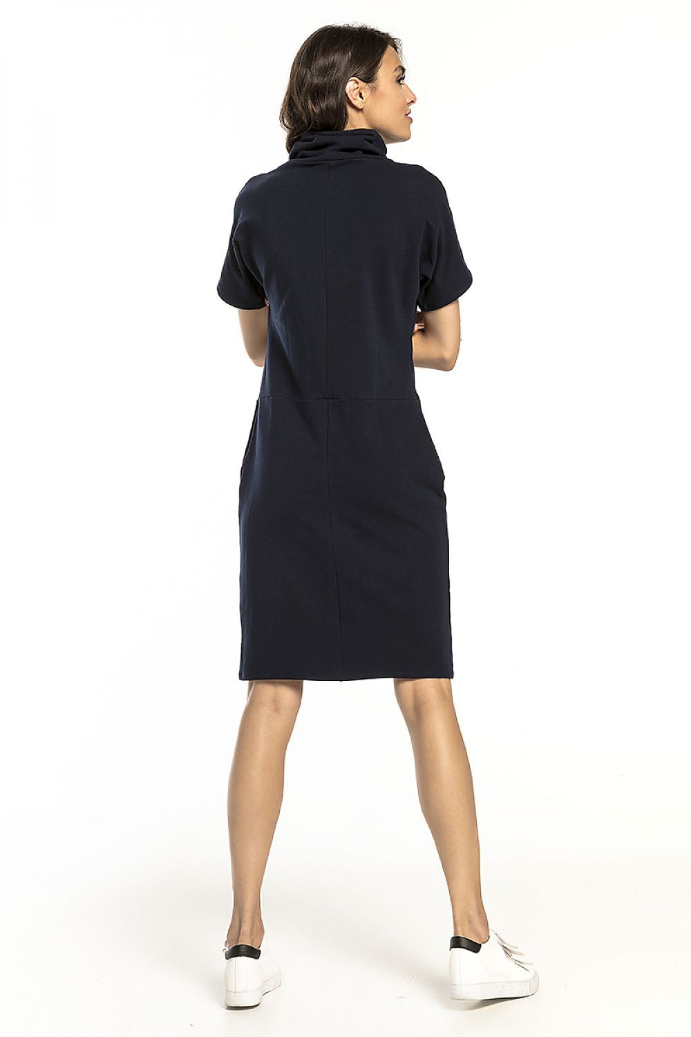 Chic navy knitted sweatshirt dress with a turtleneck and short sleeves by Tessita, highlighted in a fashionable back view for a perfect casual look.
