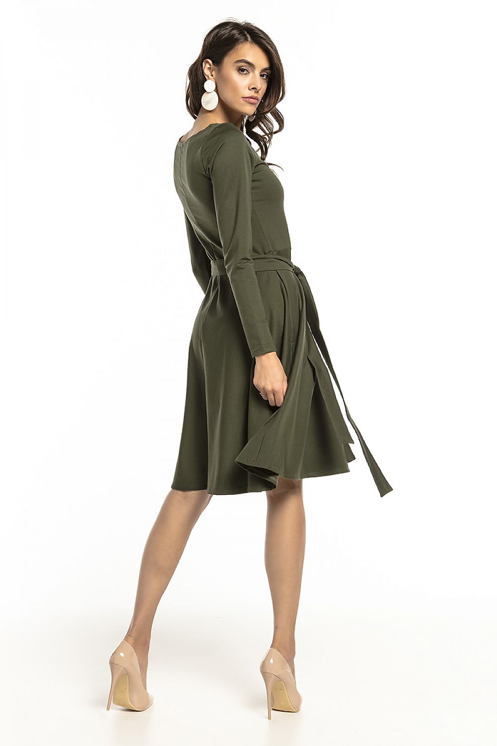 Back view of the olive green Tessita knit dress highlighting its flattering flared design and attached belt.