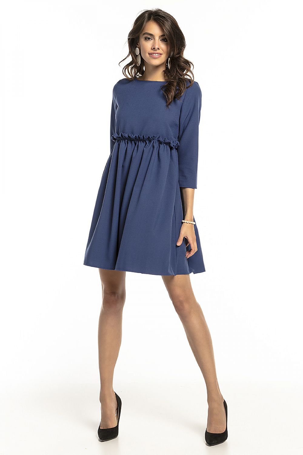 Tessita elegant 3/4 sleeve daydress in navy blue, featuring a yoke and frill detail, perfect for versatile everyday styling.