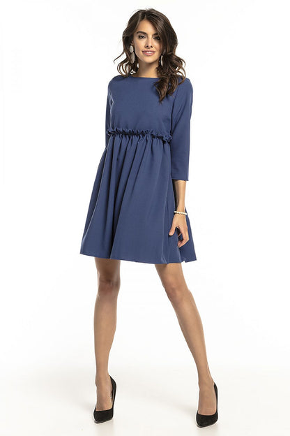 Tessita elegant 3/4 sleeve daydress in navy blue, featuring a yoke and frill detail, perfect for versatile everyday styling.