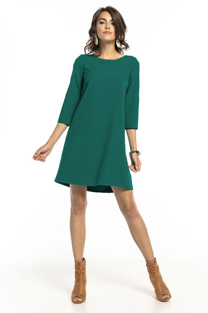 A luxurious Tessita daydress featuring an elegant loose-fit design, contrasting pleats, and 3/4 sleeves, showcased in a stylish green shade. Perfect for both everyday wear and special occasions.