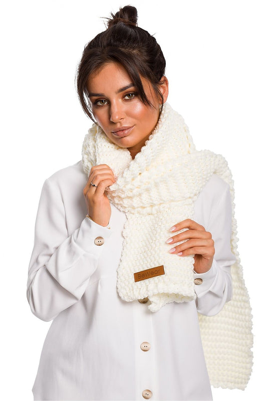 Luxury soft acrylic shawl by BE Knit, featuring a stylish logo patch, perfect for cold weather.