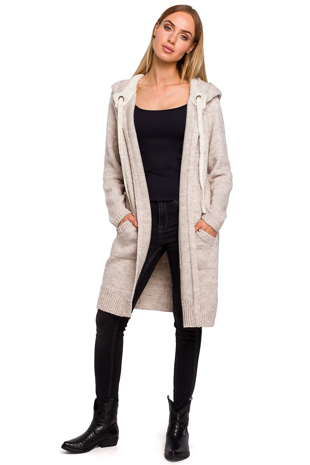Lifestyle image of Moe Hooded Cardigan with Straps, elegantly draped to illustrate its versatility and chic appeal in everyday fashion.