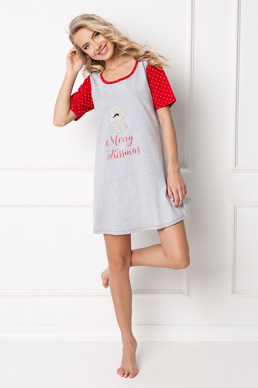 Aruelle Christmas Nightgown featuring a luxurious grey and red 'Merry Kissmas' print adorned with a charming gingerbread man, perfect for festive celebrations.