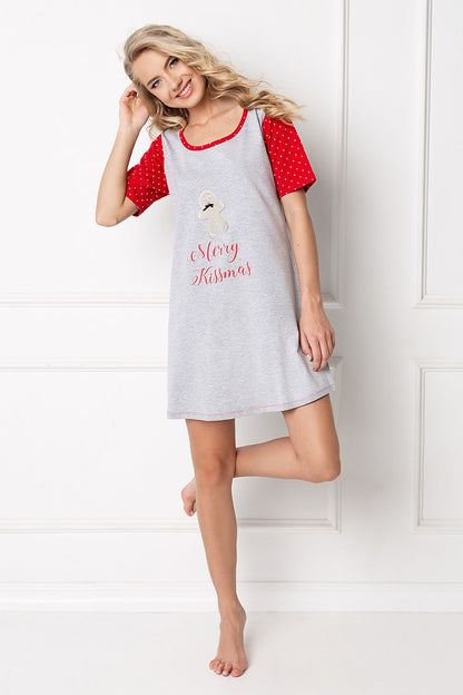 Aruelle Christmas Nightgown featuring a luxurious grey and red 'Merry Kissmas' print adorned with a charming gingerbread man, perfect for festive celebrations.