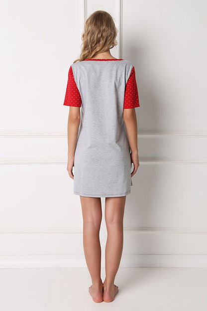 Elegant Aruelle Christmas Nightgown in grey and red showcasing a delightful 'Merry Kissmas' message and whimsical gingerbread man design for a stylish holiday sleepwear.