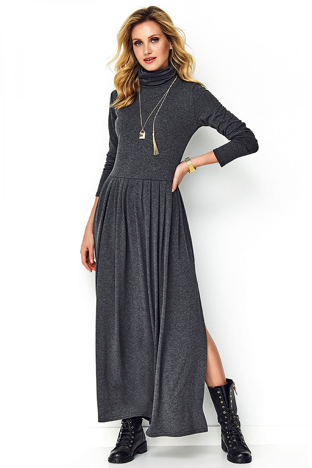 Elegant Makadamia daydress showcasing a turtleneck pleated design, epitomizing luxury and timeless minimalism in sizes EU 36-40.