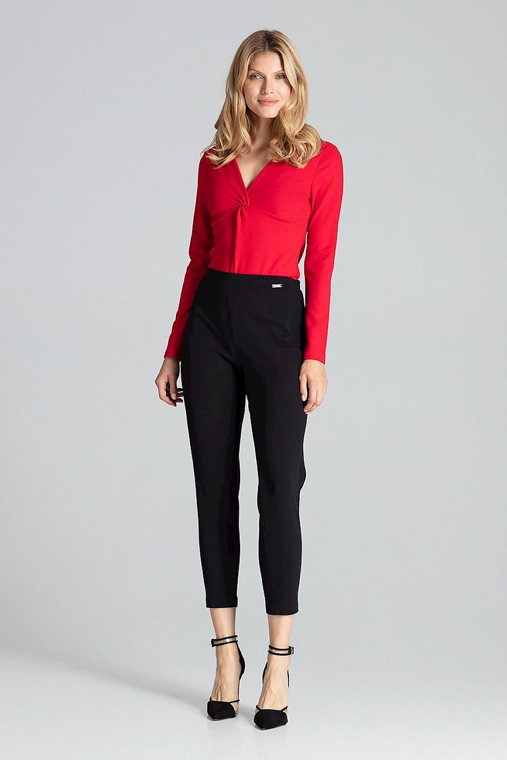 Elegant Black Long Sleeve Bodysuit with Envelope Neckline crafted by Figl, showcasing a decorative seam and sensual silhouette.