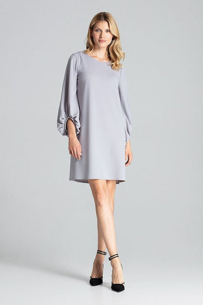 Elegant Figl Grey Trapeze Midi Dress with Long Buffet Sleeves and Half-Round Neckline, perfect for sophisticated occasions.