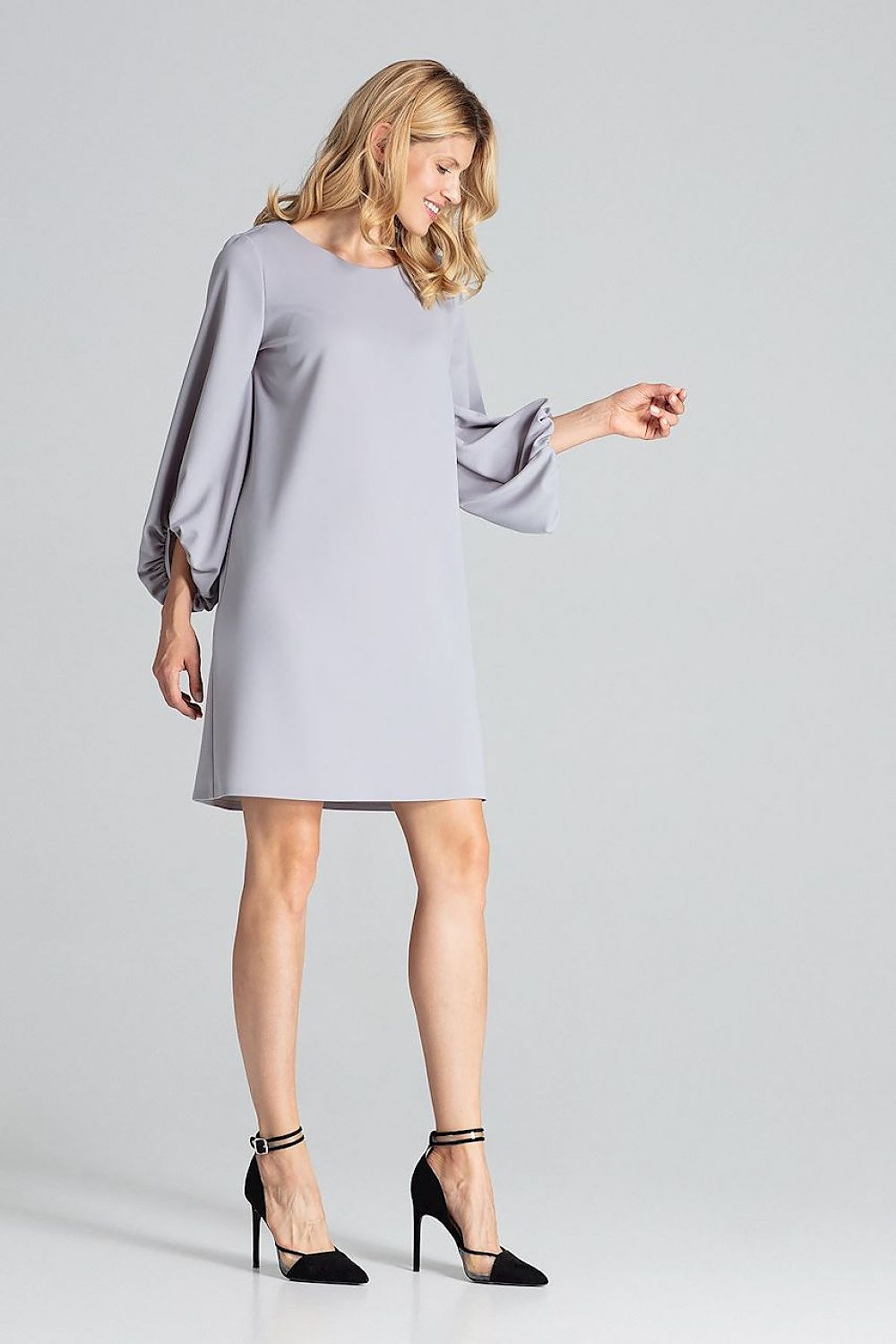 Stylish Figl Grey Trapeze Midi Dress featuring luxurious long buffet sleeves and a flattering half-round neckline for a refined look.
