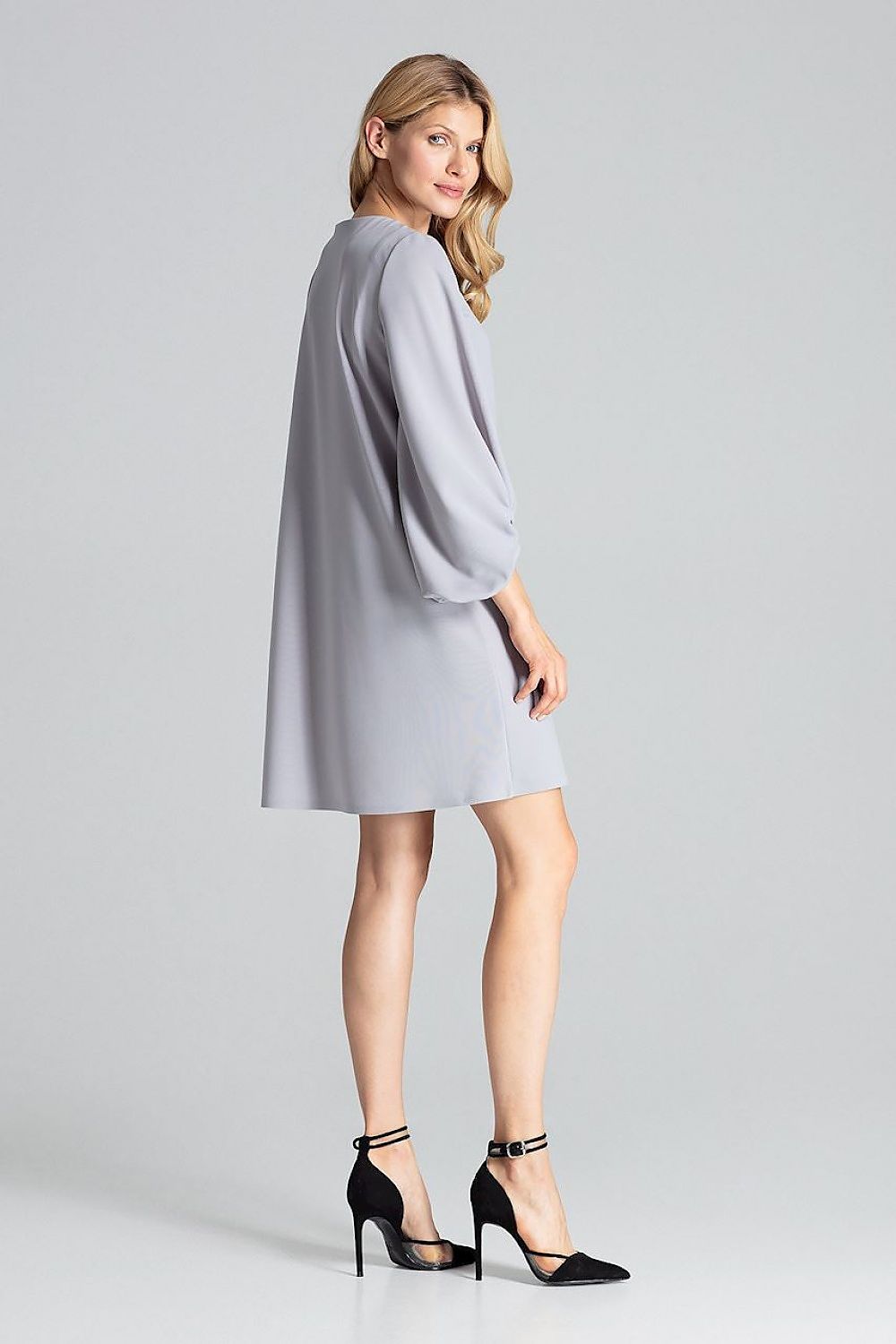 Chic Figl Grey Trapeze Midi Dress with graceful long buffet sleeves, ideal for elegant events and evening outings.