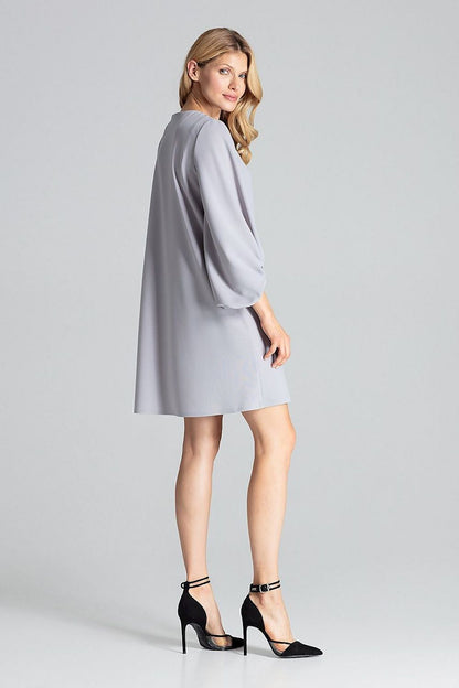 Chic Figl Grey Trapeze Midi Dress with graceful long buffet sleeves, ideal for elegant events and evening outings.