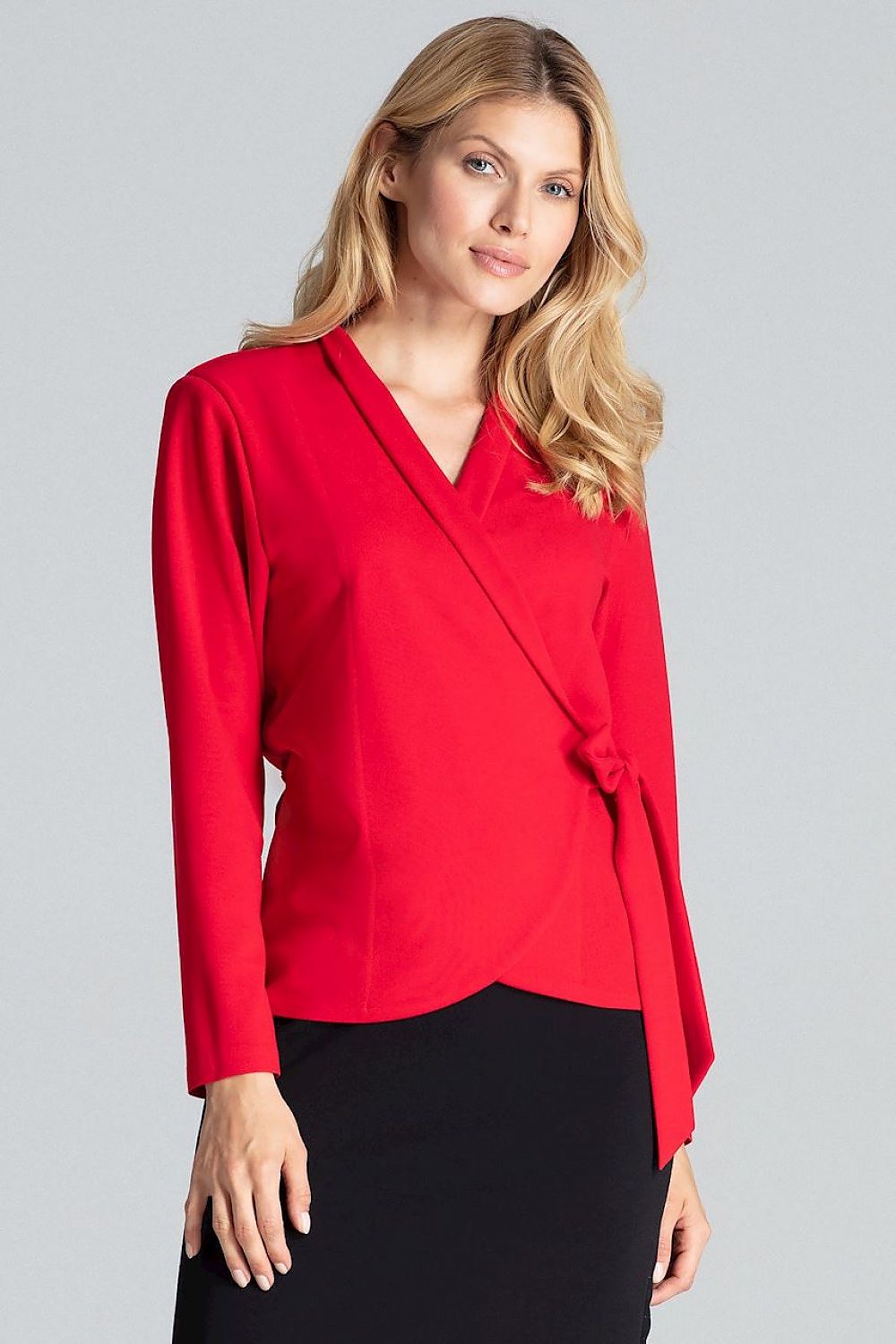 Luxury red long sleeve blouse-jacket with waist tie and cushioned shoulders by Figl, showcasing a chic loose-fitting design perfect for elegant occasions.