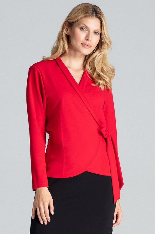 Luxury red long sleeve blouse-jacket with waist tie and cushioned shoulders by Figl, showcasing a chic loose-fitting design perfect for elegant occasions.