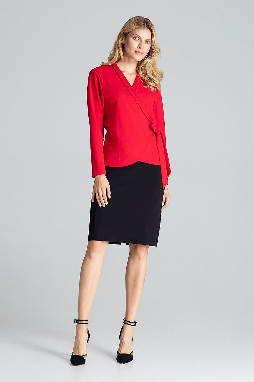 Elegant red long sleeve blouse-jacket with a stylish waist tie and cushioned shoulders by Figl, ideal for sophisticated layering.
