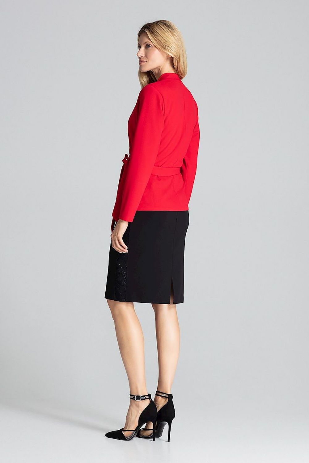 Sophisticated luxury red long sleeve blouse-jacket featuring a waist tie and cushioned shoulders by Figl, exuding refined style.