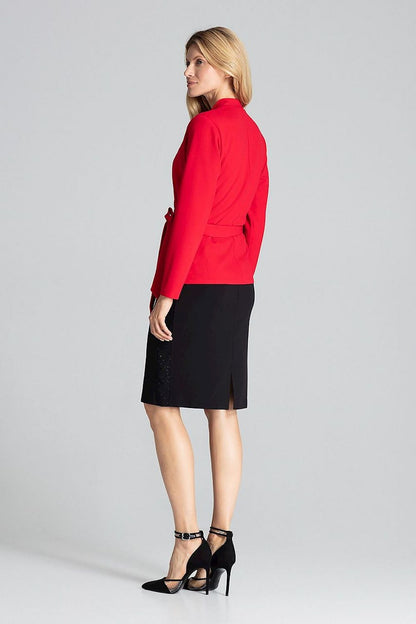 Sophisticated luxury red long sleeve blouse-jacket featuring a waist tie and cushioned shoulders by Figl, exuding refined style.