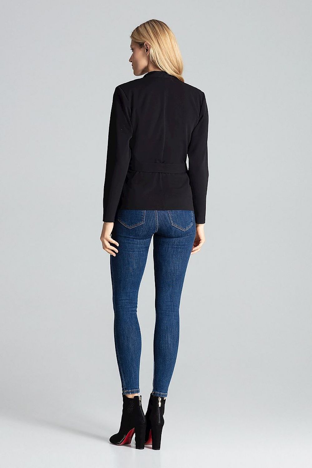 Stylish red long sleeve blouse-jacket by Figl, featuring a waist tie and highly fashionable cushioned shoulders.