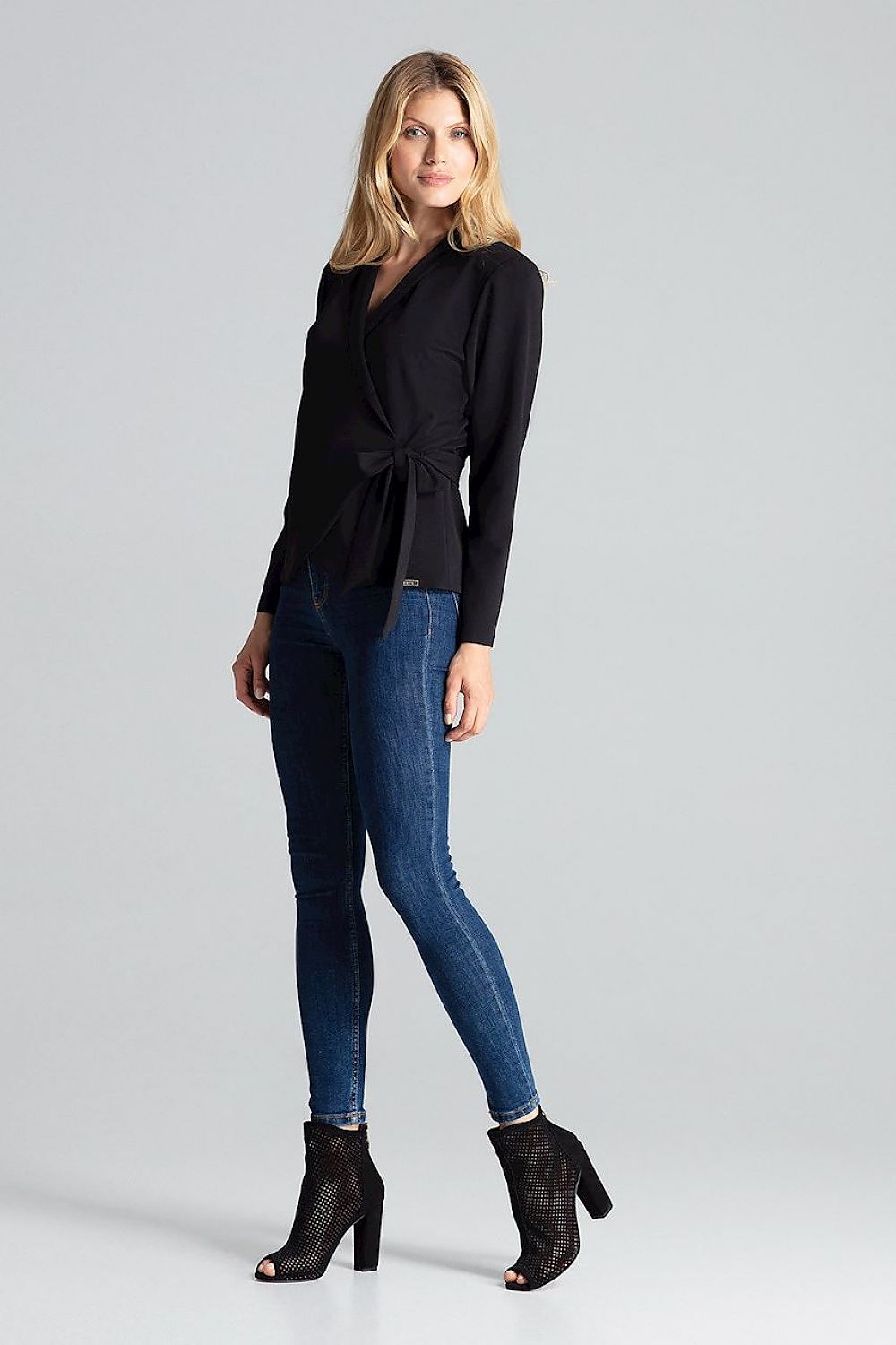 Front view of the luxury red blouse-jacket with waist tie from Figl, perfect for chic and modern women.