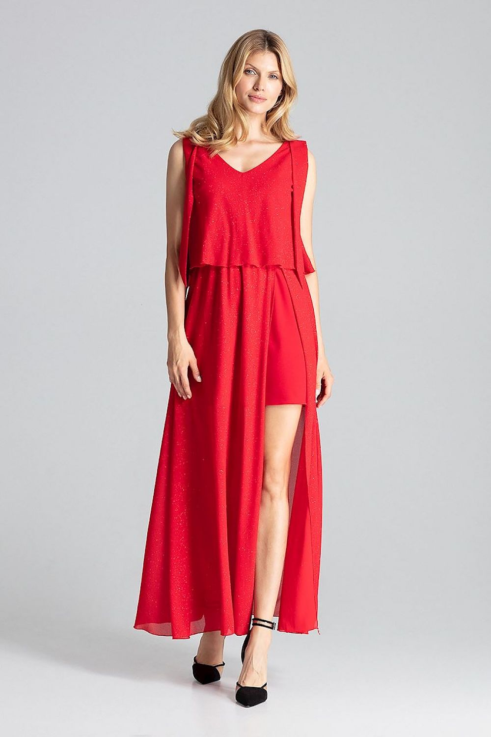 Elegant Red Sleeveless Cocktail Dress by Figl featuring a deep neckline and side slit, perfect for upscale events.