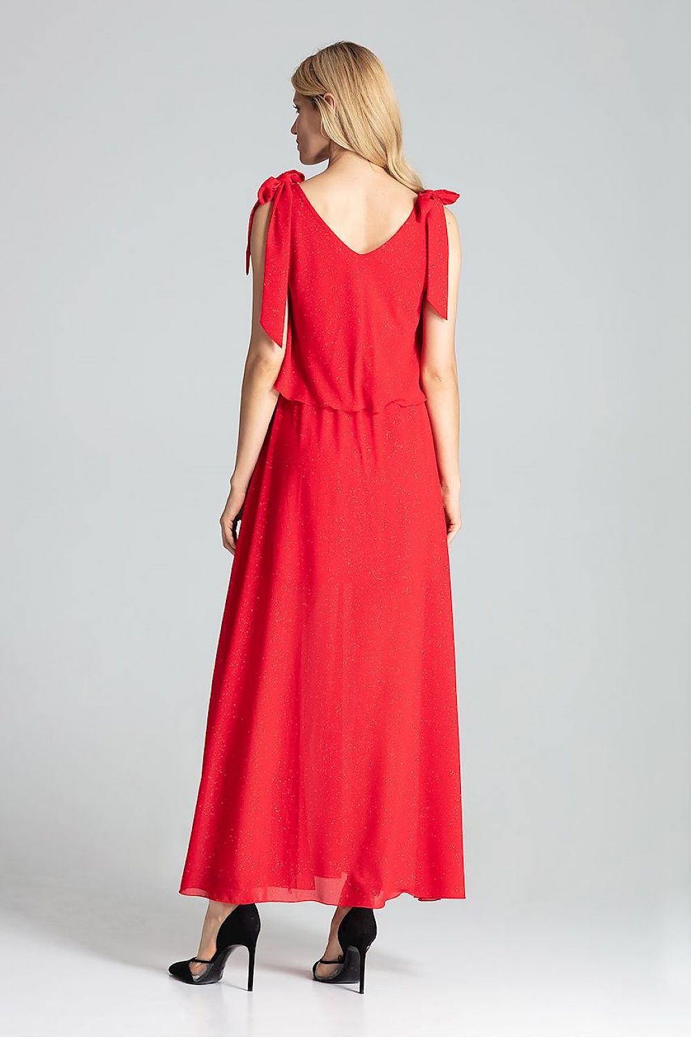 Elegant Red Sleeveless Cocktail Dress by Figl showcasing a deep neckline and stylish side slit for a luxurious evening look.