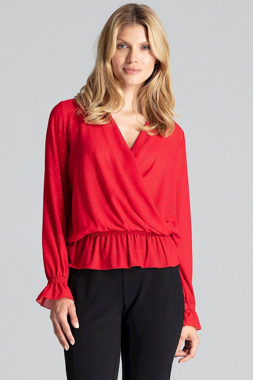 Exquisite red brocade blouse featuring an elegant envelope neckline and long sleeves, designed by Figl for a luxurious style.