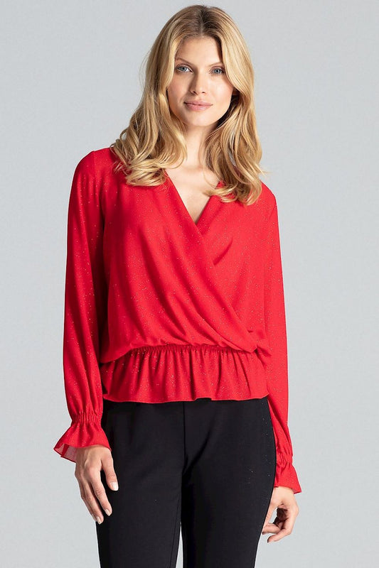 Exquisite red brocade blouse featuring an elegant envelope neckline and long sleeves, designed by Figl for a luxurious style.
