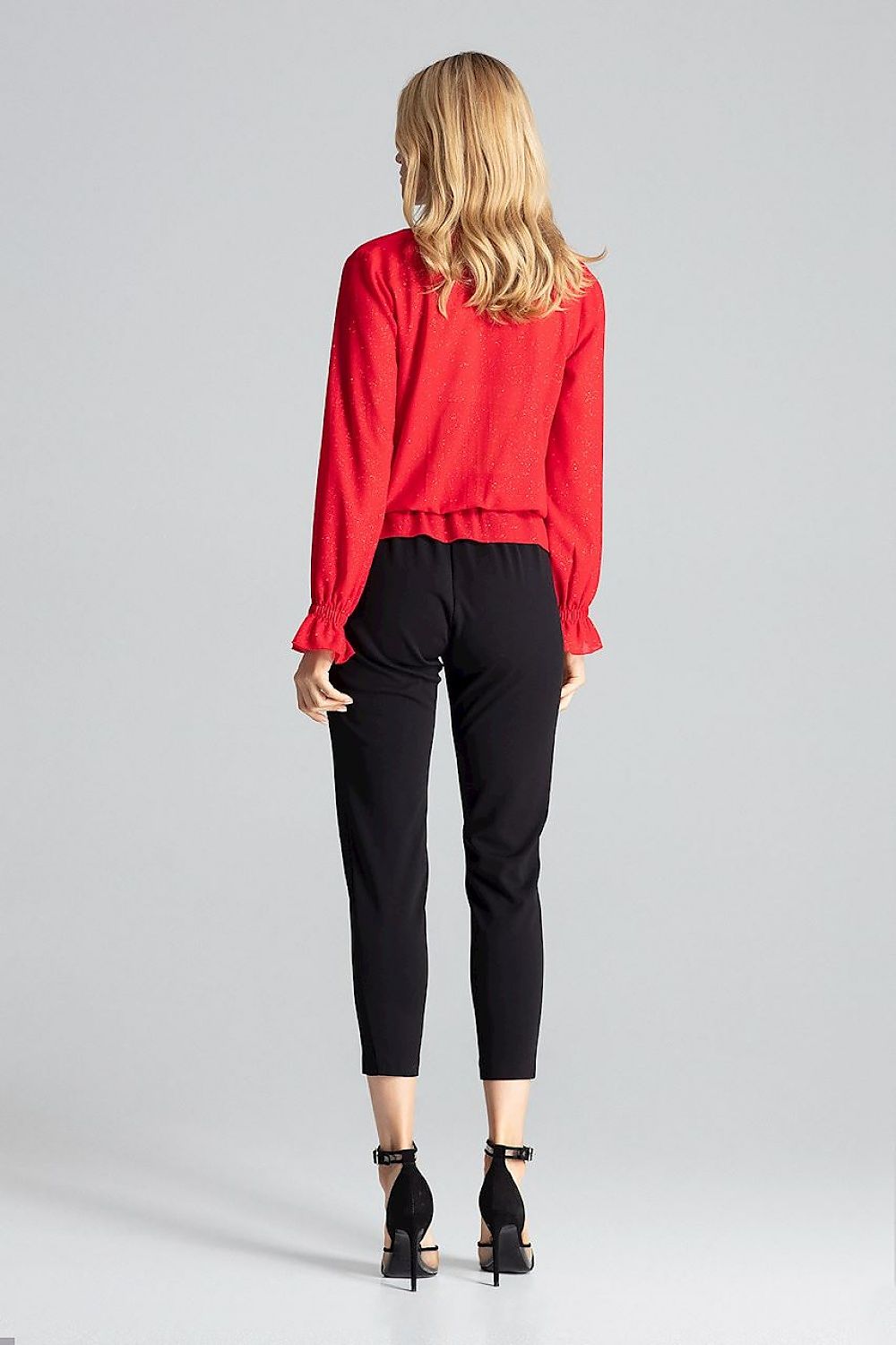 Chic envelope neckline blouse in striking red brocade, designed by Figl, showcasing long sleeves and a touch of transparency.