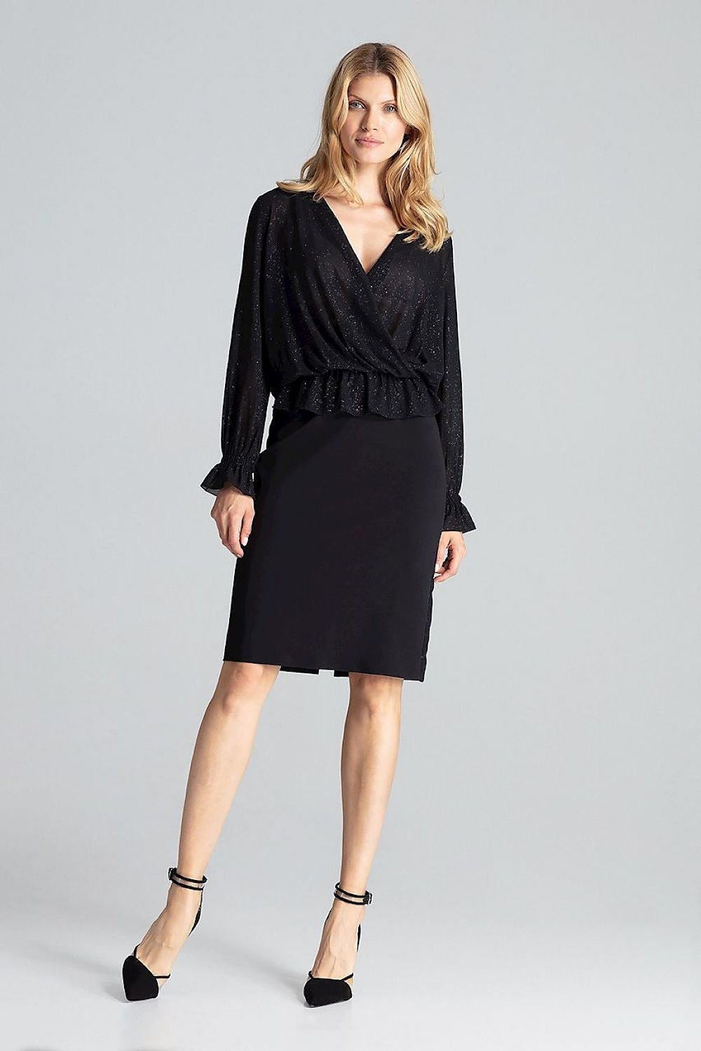 Luxury Red Brocade Blouse with Envelope Neckline and Long Sleeves by Figl, showcasing a sophisticated design with elegant details.