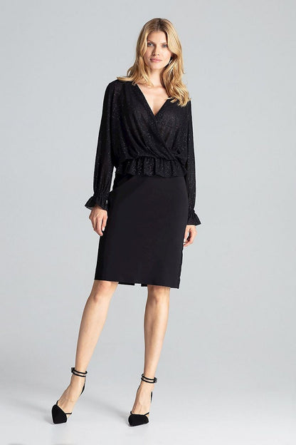 Luxury Red Brocade Blouse with Envelope Neckline and Long Sleeves by Figl, showcasing a sophisticated design with elegant details.