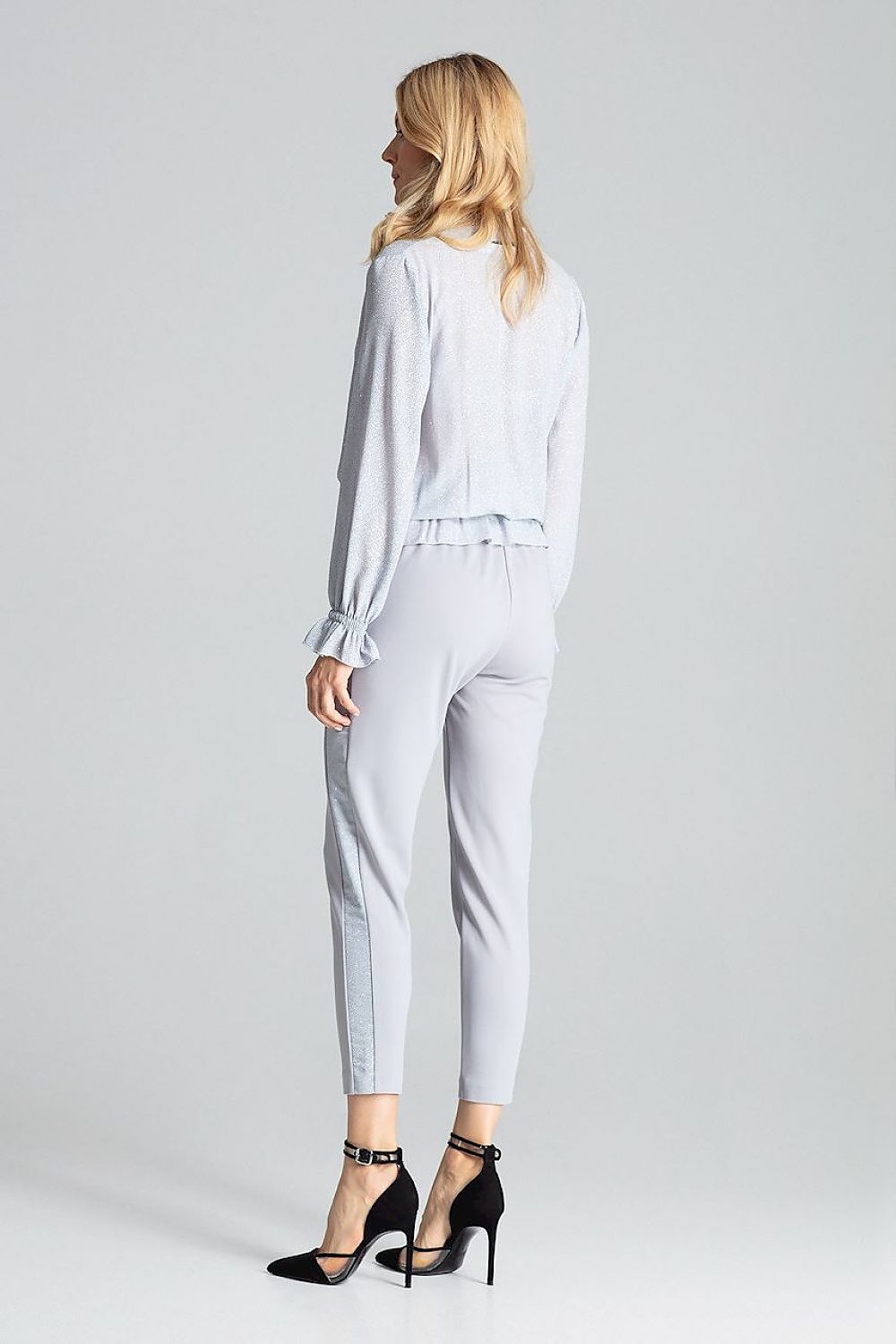 Luxury Red Brocade Blouse with Envelope Neckline and Long Sleeves by Figl, beautifully draping with long sleeves for a chic appearance.