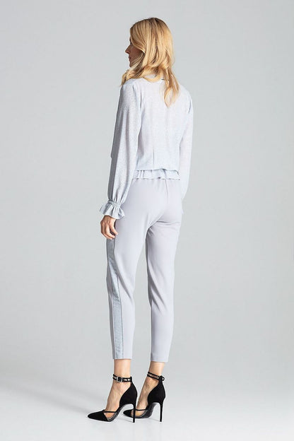 Luxury Red Brocade Blouse with Envelope Neckline and Long Sleeves by Figl, beautifully draping with long sleeves for a chic appearance.