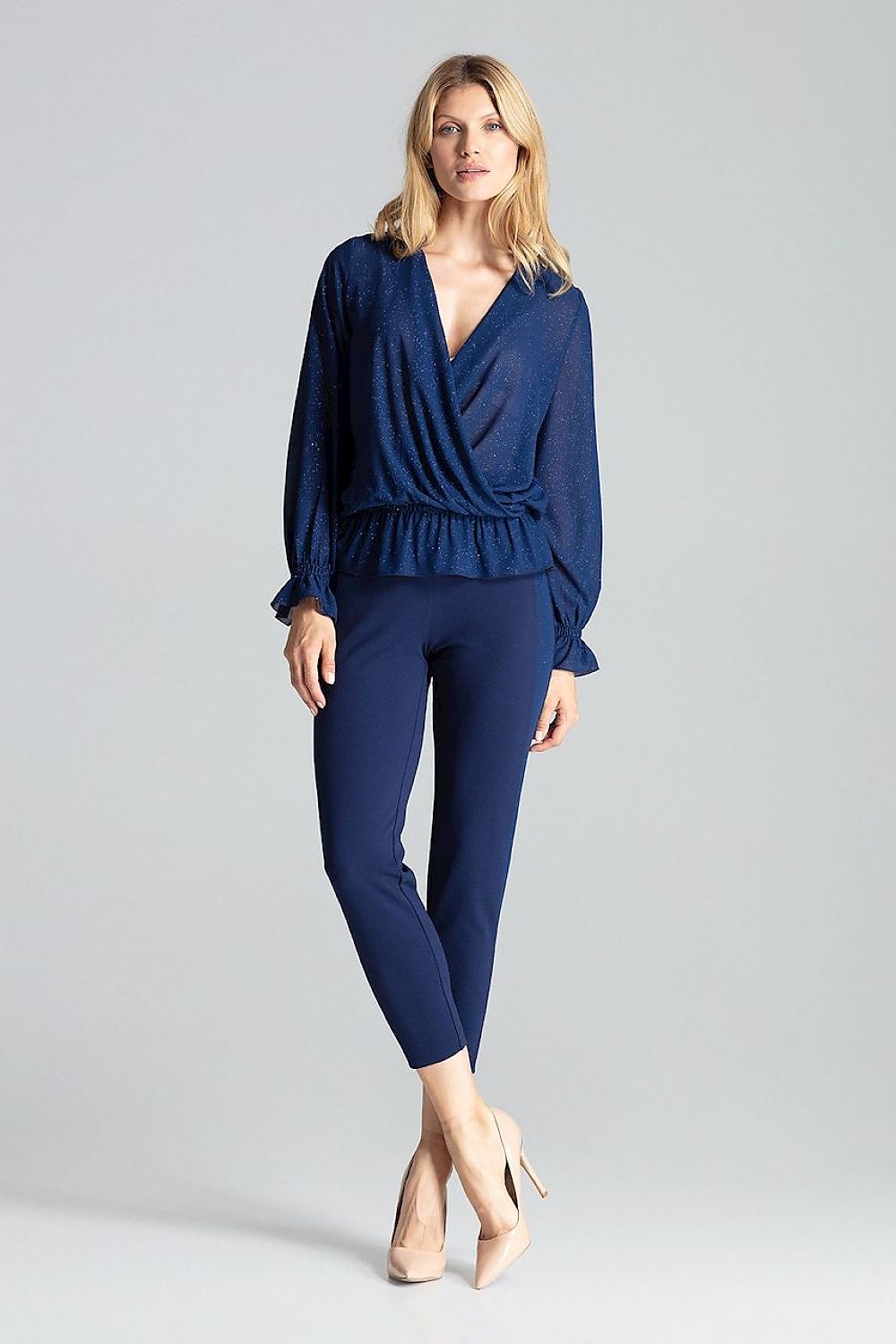 Elegant Red Brocade Blouse with an envelope neckline and long sleeves by Figl, a perfect addition to any wardrobe.