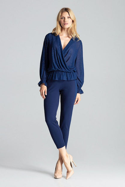 Elegant Red Brocade Blouse with an envelope neckline and long sleeves by Figl, a perfect addition to any wardrobe.