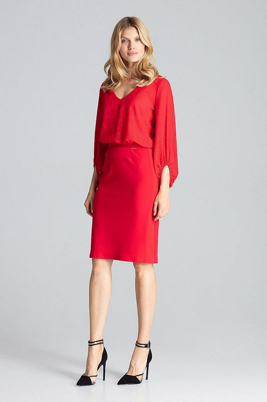 Elegant Red Midi Pencil Skirt by Figl featuring brocade trim, back slit, and zip closure, perfect for a sophisticated wardrobe.