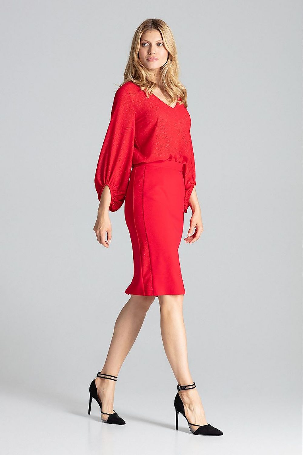 Elegant Red Midi Pencil Skirt by Figl, featuring a classic cut with brocade trim and a sophisticated back slit.