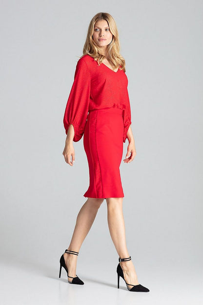 Elegant Red Midi Pencil Skirt by Figl, featuring a classic cut with brocade trim and a sophisticated back slit.