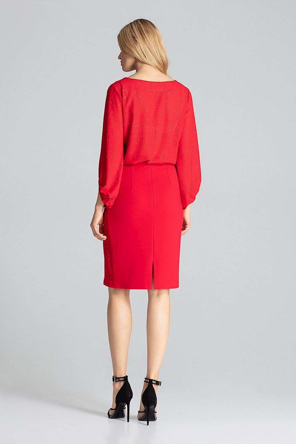 Close-up view of the brocade detailing on the Elegant Red Midi Pencil Skirt by Figl, showcasing luxury craftsmanship.