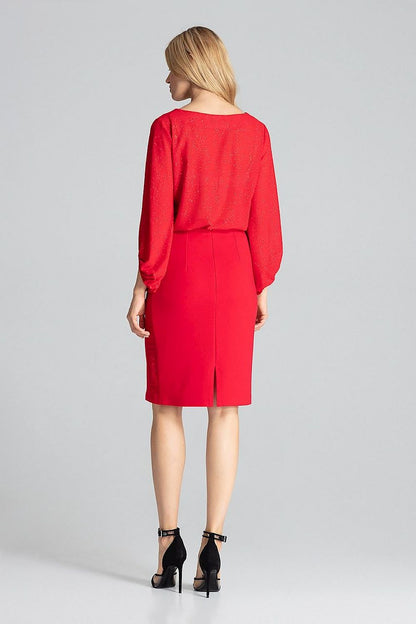 Close-up view of the brocade detailing on the Elegant Red Midi Pencil Skirt by Figl, showcasing luxury craftsmanship.