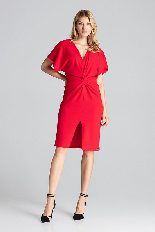 Elegant Red Midi Dress with Kimono Sleeves and Front Slit by Figl, showcasing a luxurious design ideal for special occasions.