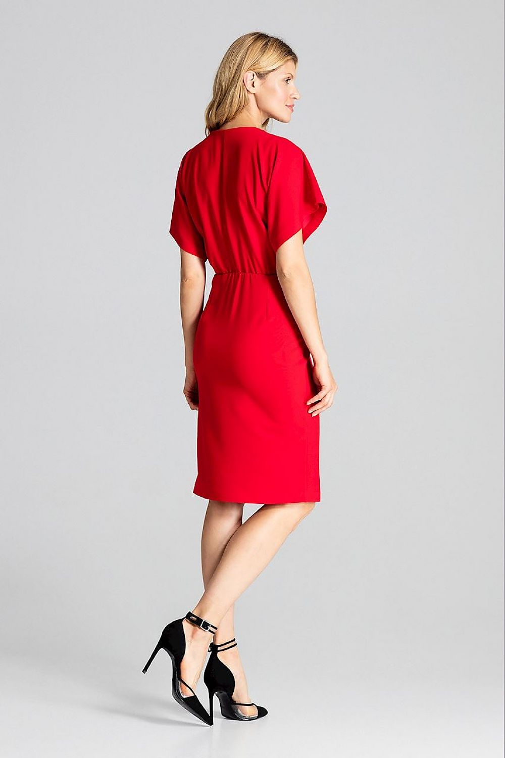 Elegant Red Midi Dress with Kimono Sleeves and Front Slit by Figl, elegantly displayed on a model, perfect for adding sophistication to any event.