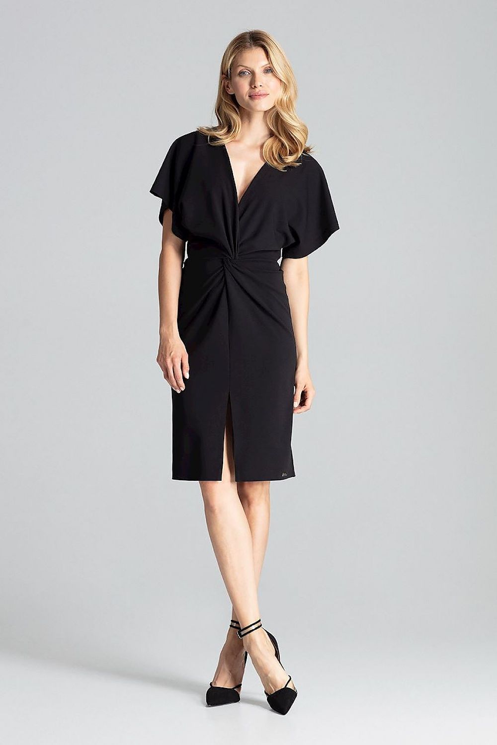 Back view of the Elegant Red Midi Dress with Kimono Sleeves and Front Slit by Figl, demonstrating its flattering silhouette and modern elegance.
