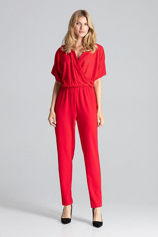 Luxurious Red Elegant Figl Jumpsuit featuring a Brocade Top, Envelope Neckline, and Tapered Legs