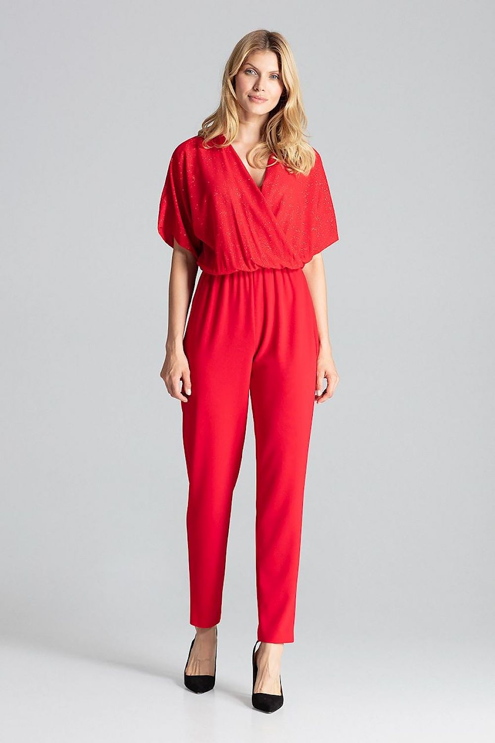 Sophisticated Red Elegant Figl Jumpsuit with Brocade detailing and a stylish Envelope Neckline