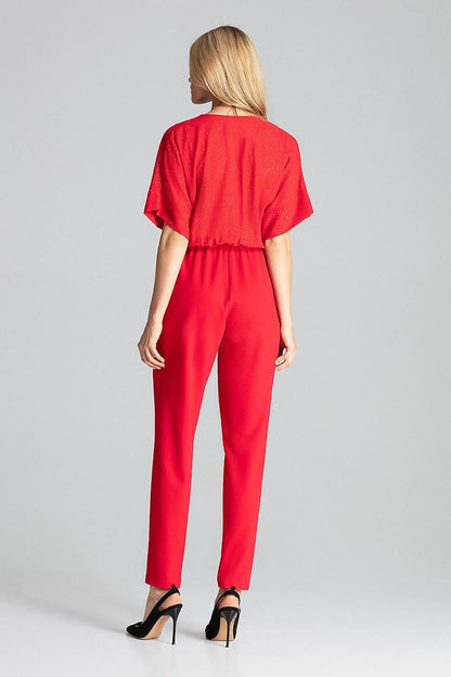 Chic Red Elegant Figl Jumpsuit with Tapered Legs and a refined Brocade Top, perfect for elegant occasions