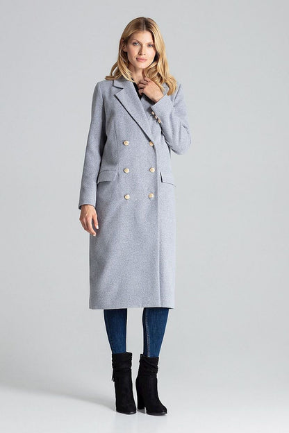Elegant Figl grey double-breasted coat featuring luxurious gold decorative buttons, perfect for chic winter styling.