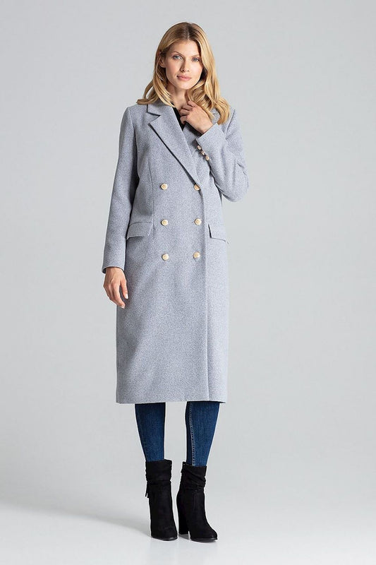 Elegant Figl grey double-breasted coat featuring luxurious gold decorative buttons, perfect for chic winter styling.