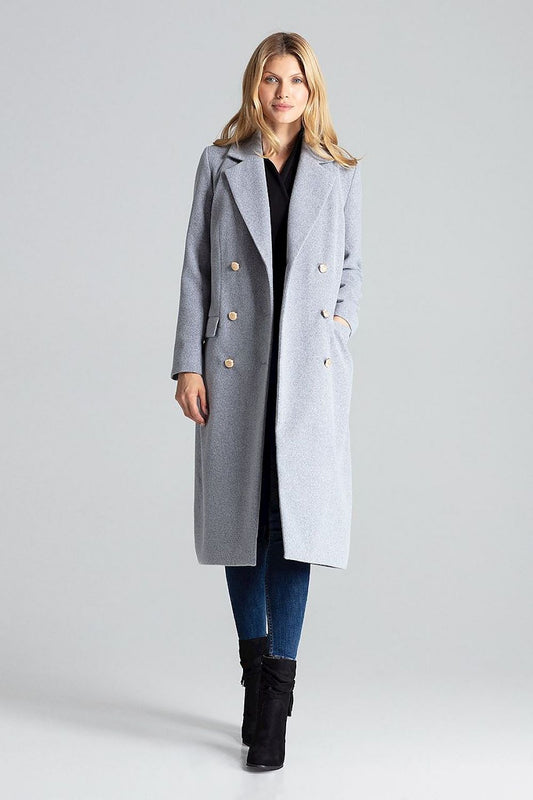 Sophisticated grey Figl coat with double-breasted design and exquisite gold buttons, ideal for adding elegance to any outfit.